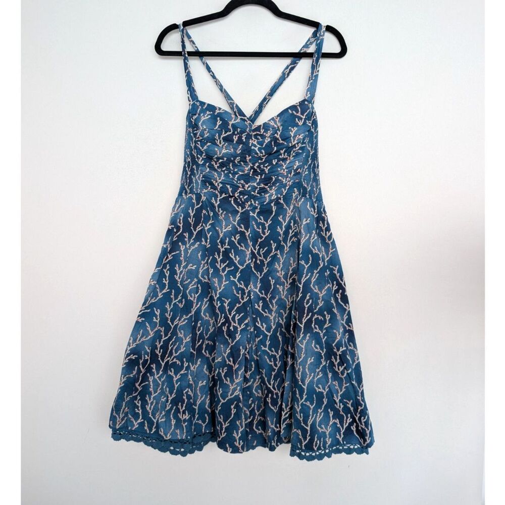 Anthropologie HD in Paris Blue Acropora Coral Print Dress Shirred Bodice Sz 8